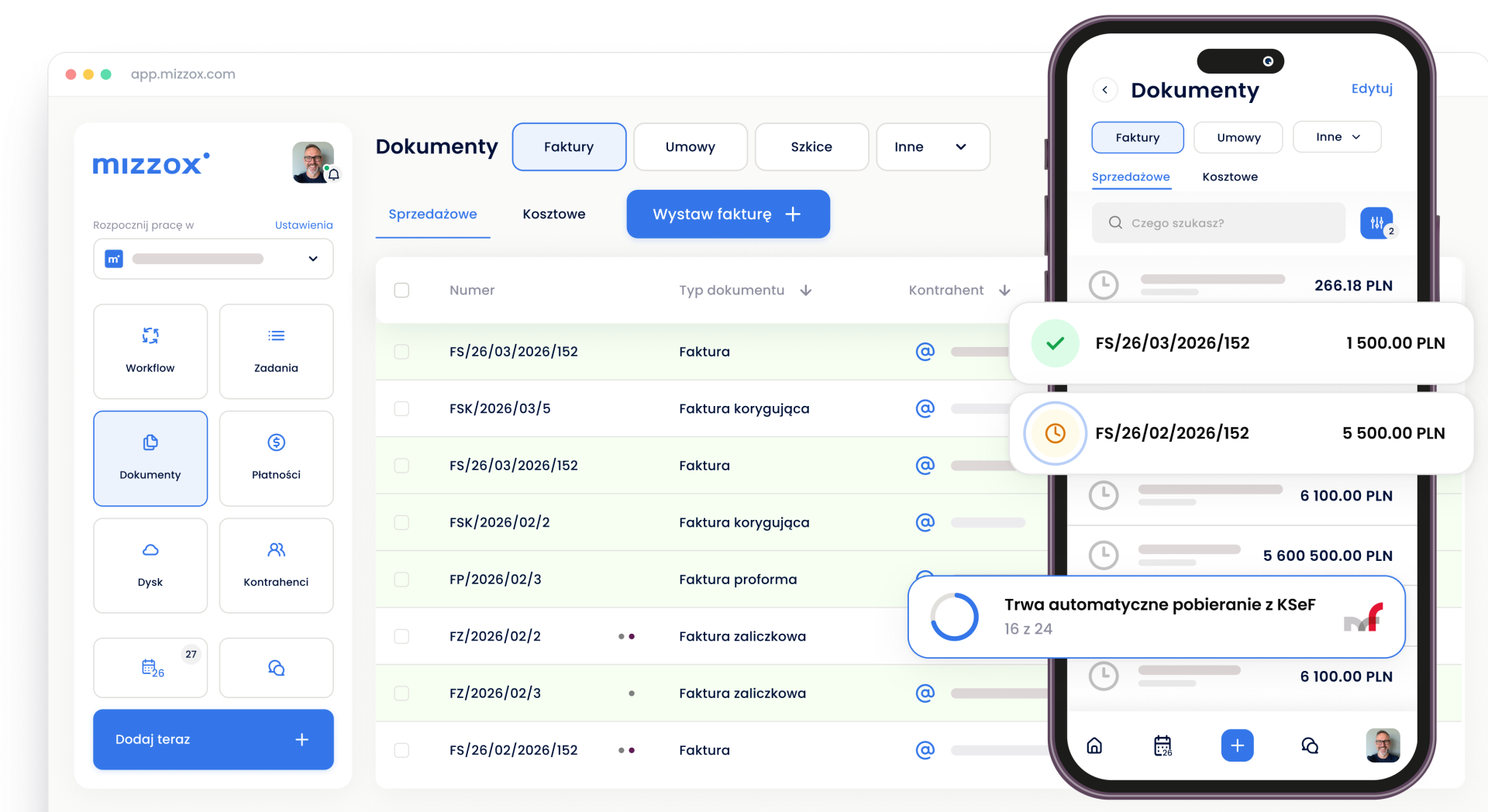Mizzox: panel do faktur, płatności i dokumentów na komputerze i telefonie